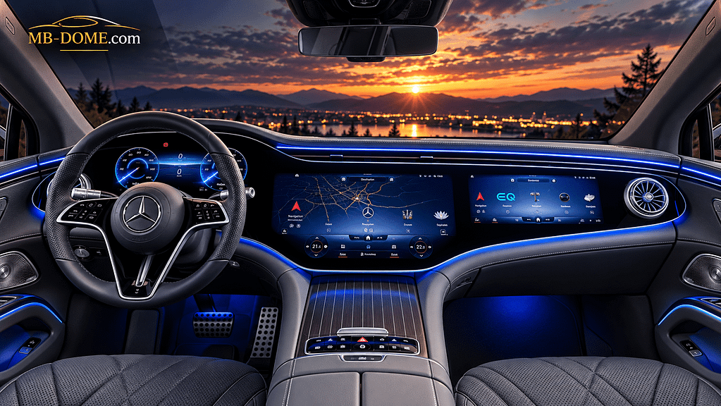 Innenraum des Mercedes-Benz EQS 450+ V297 mit MBUX Hyperscreen und blauer Ambientebeleuchtung bei Abendlicht Bildtitel: Mercedes-Benz EQS 450+ – MBUX Hyperscreen und Innenraum