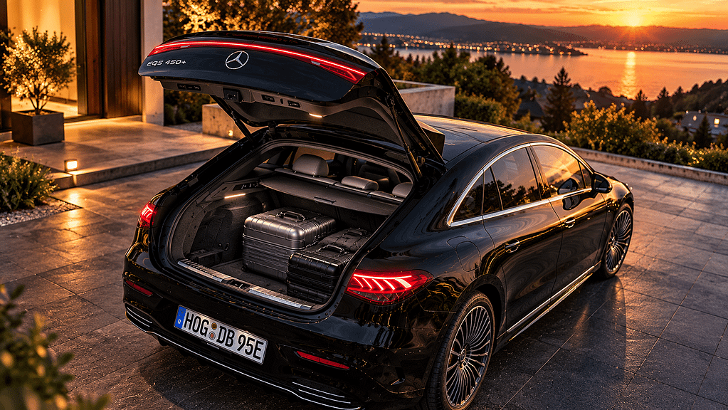 Schwarzer Mercedes-Benz EQS 450+ V297 mit geöffneter Heckklappe und beladenem Kofferraum im Abendlicht