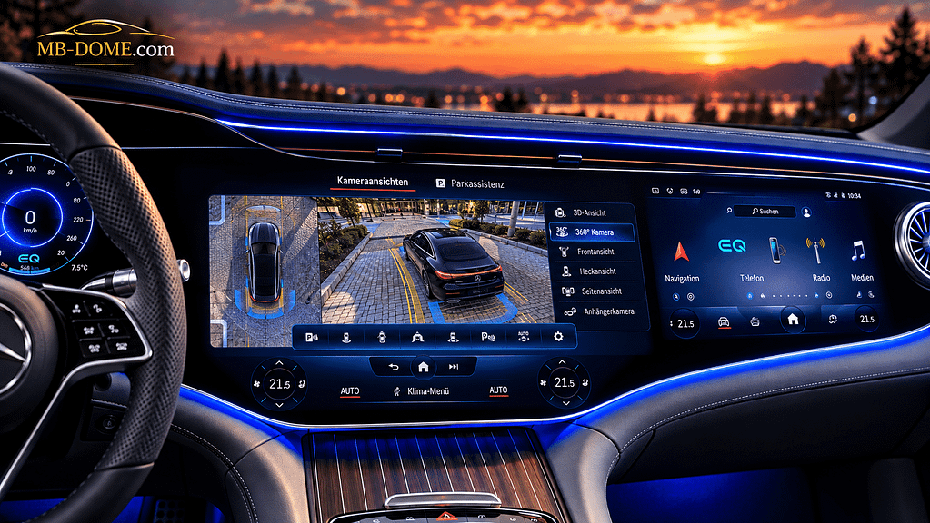 MBUX Hyperscreen im Mercedes-Benz EQS 450+ V297 mit 360-Grad-Kamera und aktivierter Parkassistenz