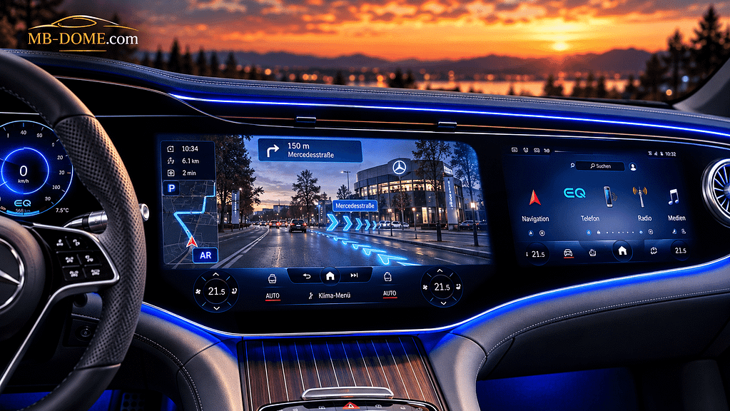 MBUX Hyperscreen im Mercedes-Benz EQS 450+ V297 mit Augmented-Reality-Navigation und blauer Ambientebeleuchtung