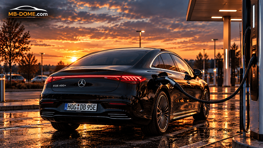 Schwarzer Mercedes-Benz EQS 450+ V297 beim Laden aus hinterer Dreiviertelansicht im Abendlicht