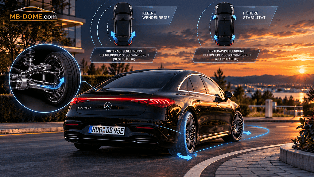 Mercedes-Benz EQS 450+ V297 mit Darstellung der Hinterachslenkung bei niedriger und höherer Geschwindigkeit
