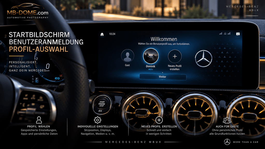 Mercedes-Benz MBUX-Display mit Startbildschirm zur Auswahl, Anmeldung und Erstellung eines Benutzerprofils