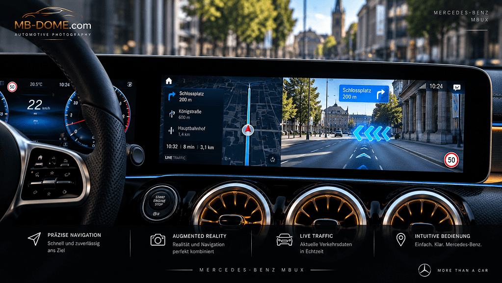 Mercedes-Benz MBUX-Navigation mit Kartenansicht und Augmented-Reality-Pfeilen im Livebild einer Stadtstraße