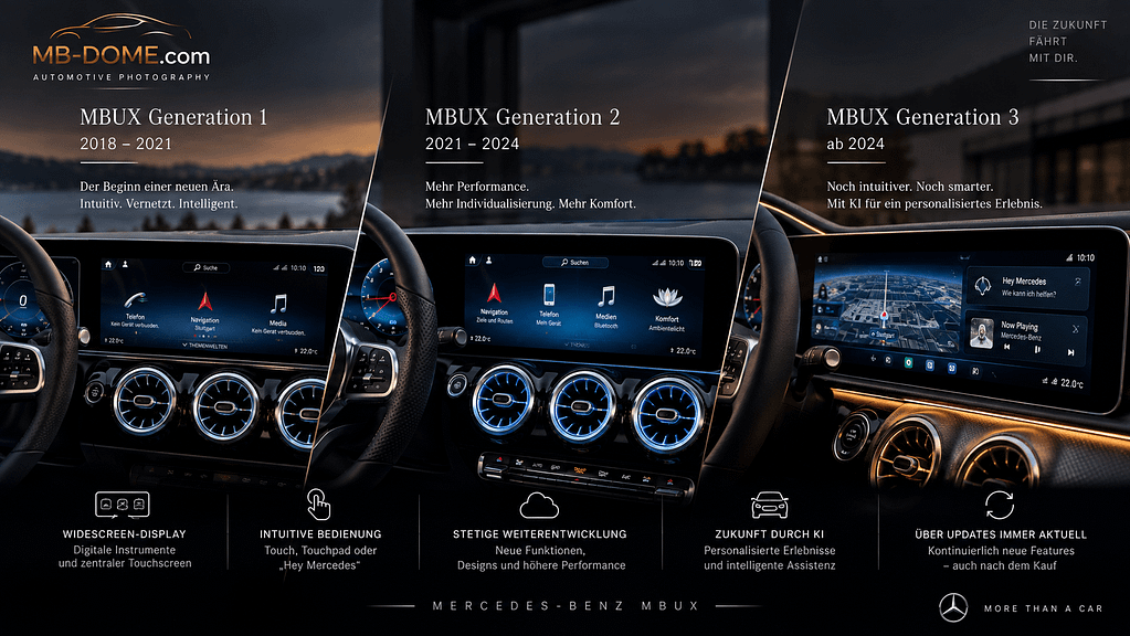 Vergleichsgrafik zu drei MBUX-Generationen mit Cockpits, Displays und zentralen Entwicklungsmerkmalen