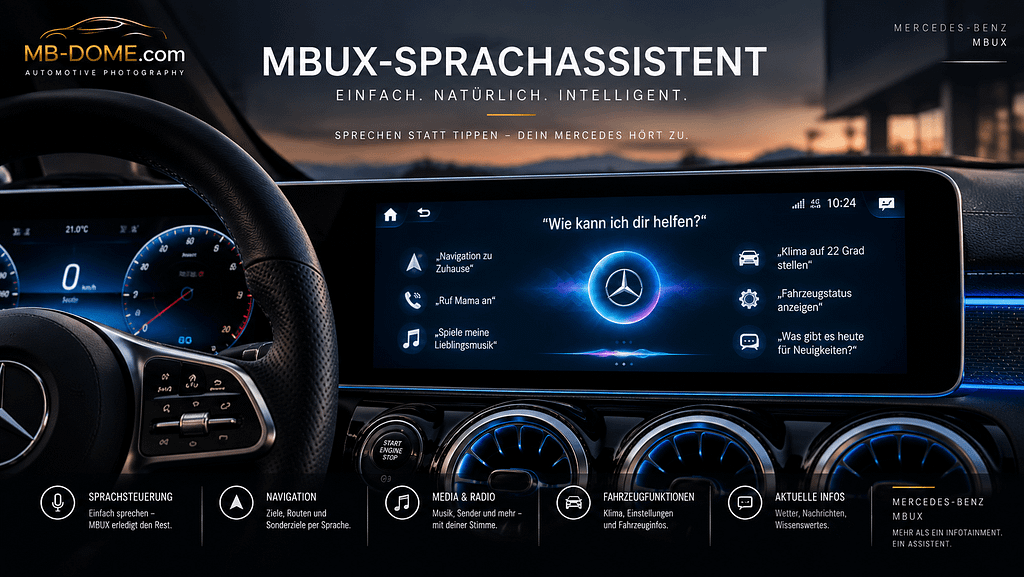 Mercedes-Benz MBUX-Display mit aktivem Sprachassistenten und Beispielen für verschiedene Sprachbefehle
