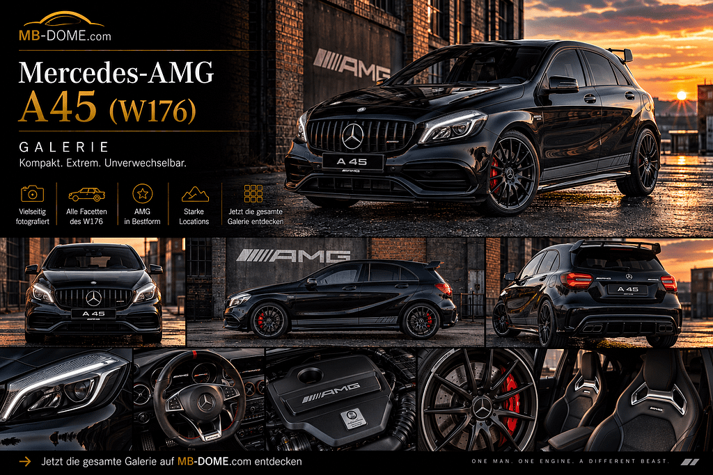Schwarzer Mercedes-AMG A 45 der Baureihe W176 als Galerie-Collage mit Außen-, Innenraum-, Motor- und Detailansichten