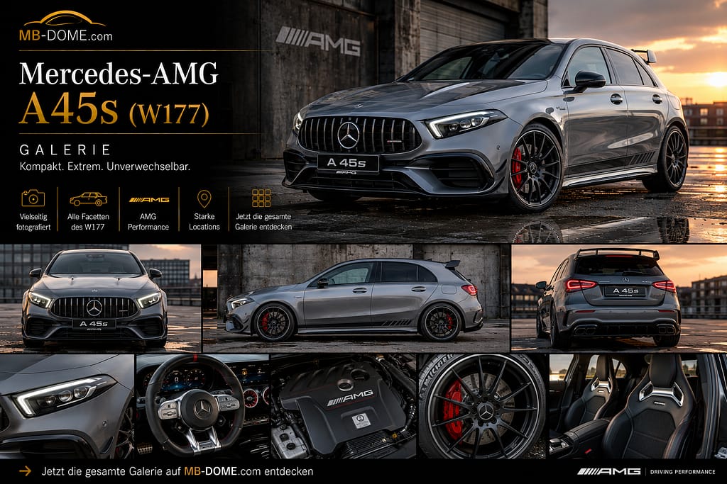 Grauer Mercedes-AMG A 45 S der Baureihe W177 als Galerie-Collage mit Außen-, Innenraum-, Motor- und Detailansichten
