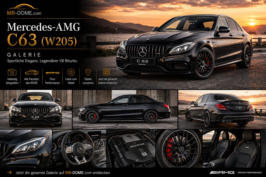 Schwarzer Mercedes-AMG C 63 der Baureihe W205 als Galerie-Collage mit Außen-, Innenraum-, Motor- und Detailansichten