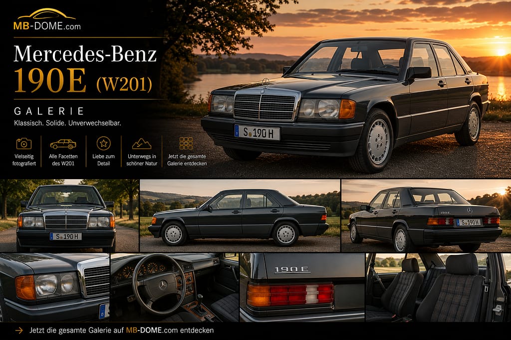 Schwarzer Mercedes-Benz 190 E der Baureihe W201 als Galerie-Collage mit Außen-, Innenraum- und Detailansichten