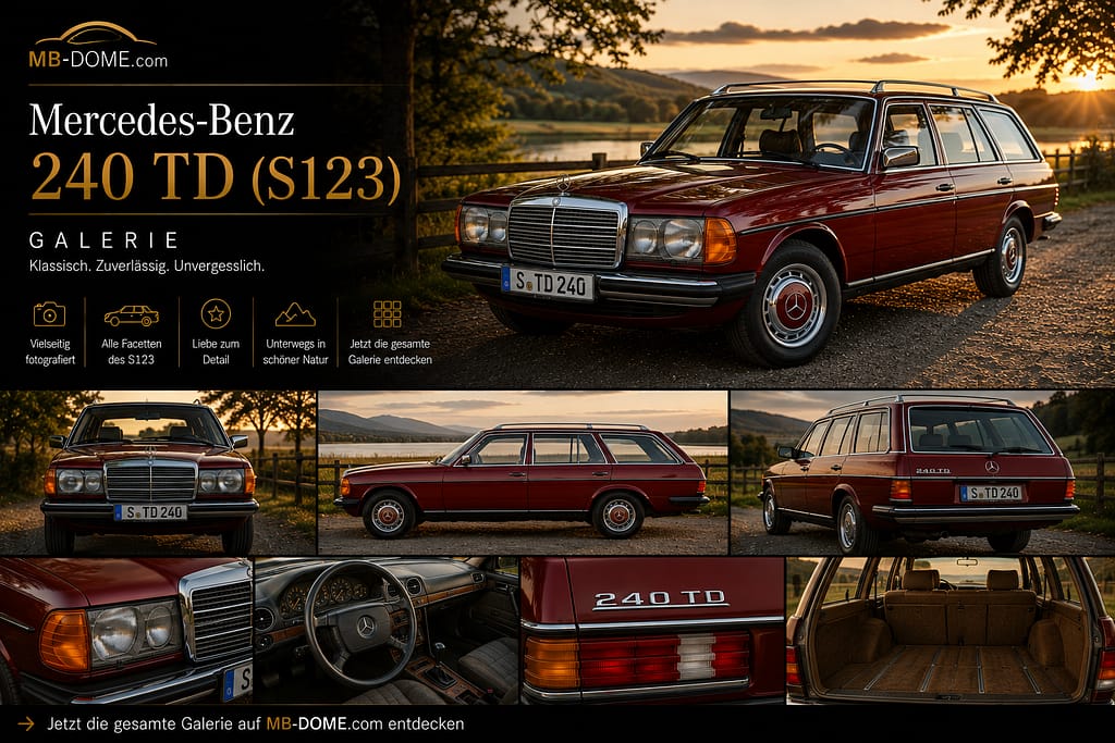 Roter Mercedes-Benz 240 TD der Baureihe S123 als Galerie-Collage mit Außen-, Innenraum- und Kofferraumansichten