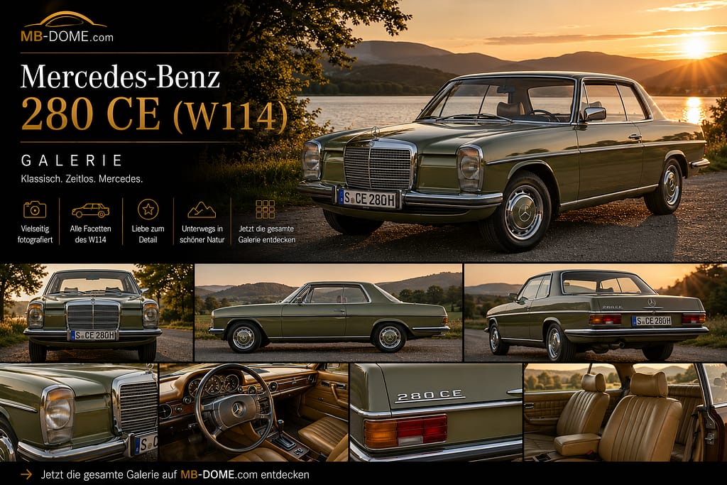 Grüner Mercedes-Benz 280 CE der Baureihe W114 als Galerie-Collage mit Außen-, Innenraum- und Detailansichten
