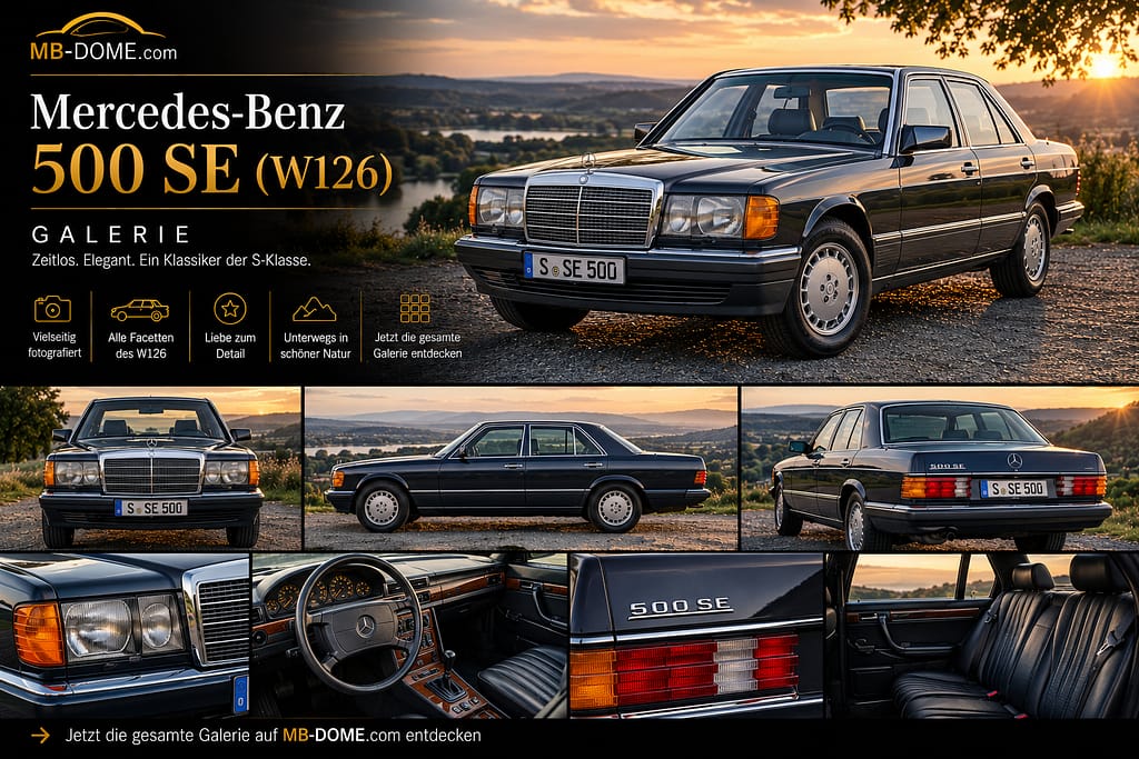 Dunkelblauer Mercedes-Benz 500 SE der Baureihe W126 als Galerie-Collage mit Außen-, Innenraum- und Detailansichten
