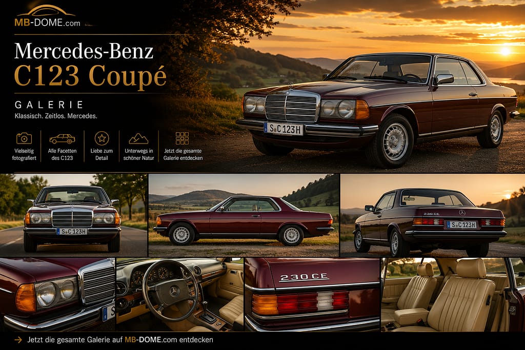 Rotes Mercedes-Benz 230 CE Coupé der Baureihe C123 als Galerie-Collage mit Außen-, Innenraum- und Detailansichten