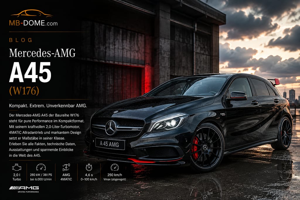 Schwarzer Mercedes-AMG A 45 W176 in Front-Dreiviertelansicht auf nassem Asphalt vor einer Industriekulisse