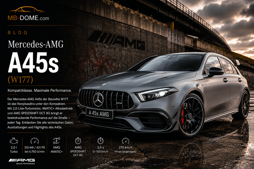 Grauer Mercedes-AMG A 45 S W177 in Front-Dreiviertelansicht auf nassem Asphalt unter einer Betonbrücke