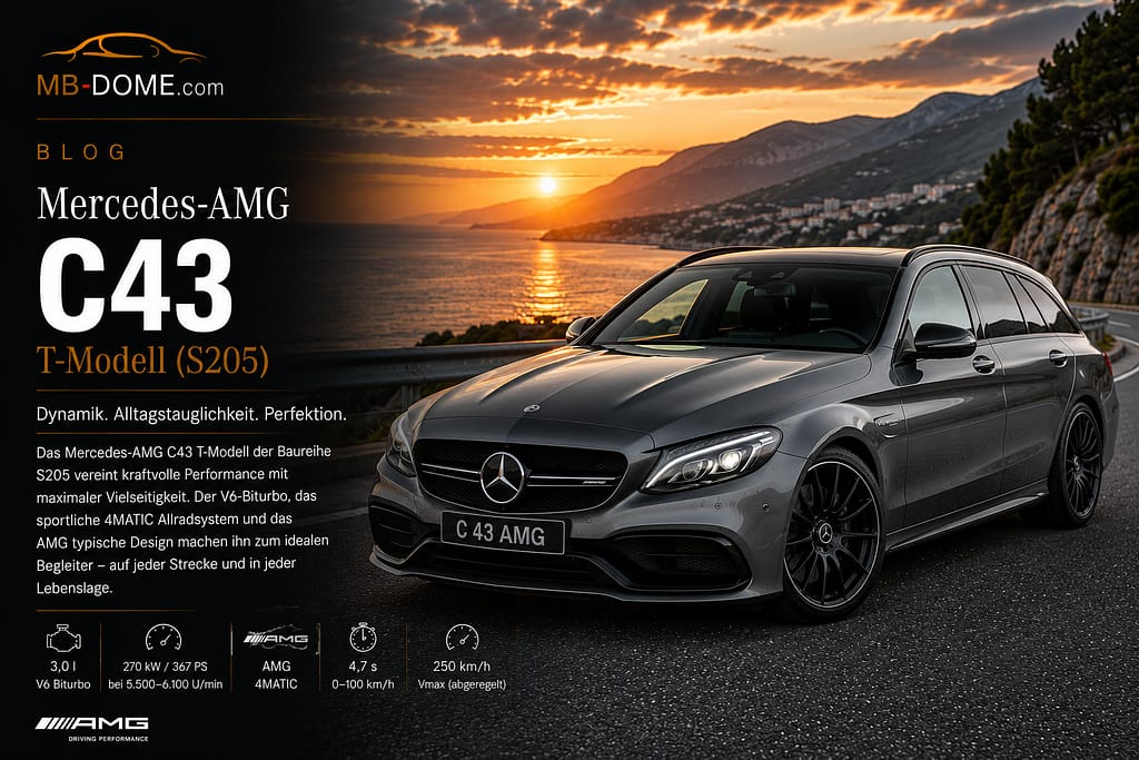 Graues Mercedes-AMG C 43 T-Modell S205 in Front-Dreiviertelansicht auf einer Küstenstraße bei Sonnenuntergang
