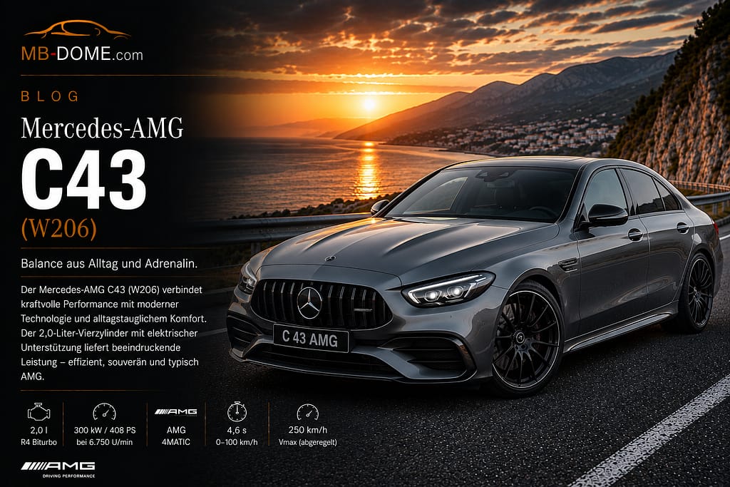 Graue Mercedes-AMG C 43 Limousine der Baureihe W206 in vorderer Dreiviertelansicht auf einer Küstenstraße bei Sonnenuntergang