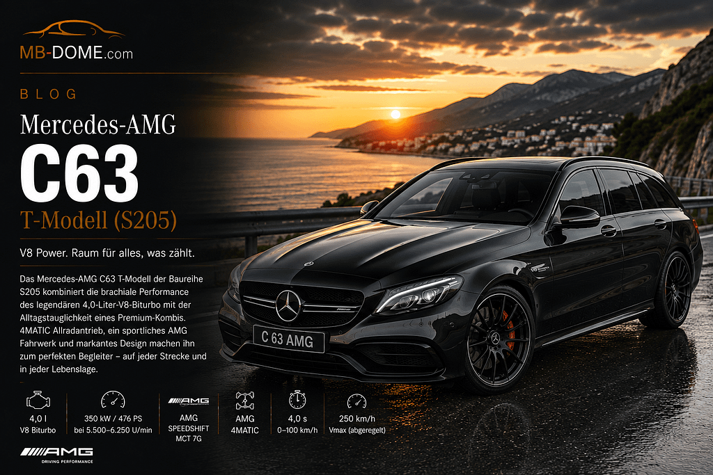Schwarzes Mercedes-AMG C 63 T-Modell der Baureihe S205 in Frontansicht vor einer Küstenlandschaft bei Sonnenuntergang