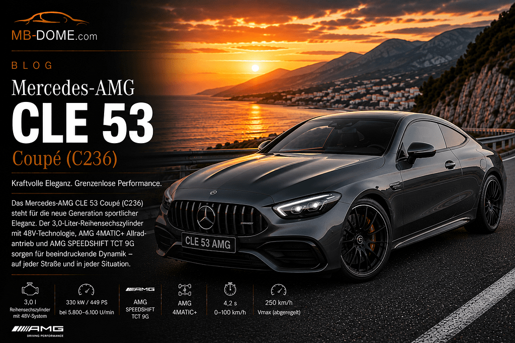 Graues Mercedes-AMG CLE 53 Coupé der Baureihe C236 in vorderer Dreiviertelansicht auf einer Küstenstraße bei Sonnenuntergang