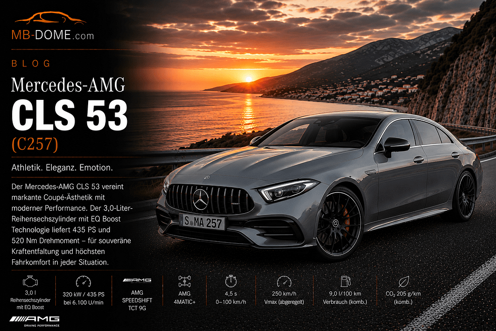 Grauer Mercedes-AMG CLS 53 der Baureihe C257 in vorderer Dreiviertelansicht auf einer Küstenstraße bei Sonnenuntergang