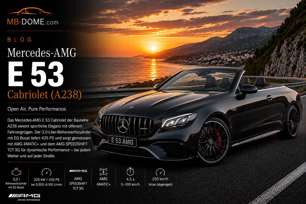 chwarzes Mercedes-AMG E 53 Cabriolet der Baureihe A238 mit geöffnetem Verdeck auf einer Küstenstraße bei Sonnenuntergang