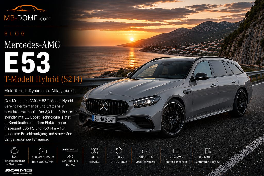 Graues Mercedes-AMG E 53 Hybrid T-Modell der Baureihe S214 in vorderer Dreiviertelansicht auf einer Küstenstraße