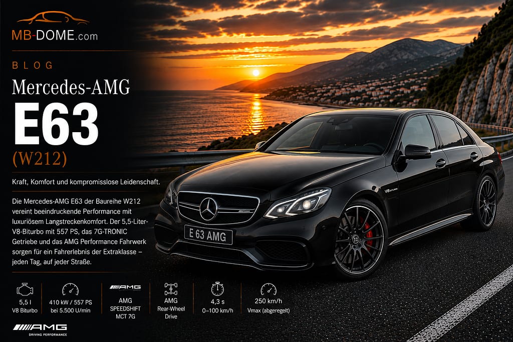 Schwarze Mercedes-AMG E 63 Limousine der Baureihe W212 in vorderer Dreiviertelansicht auf einer Küstenstraße bei Sonnenuntergang