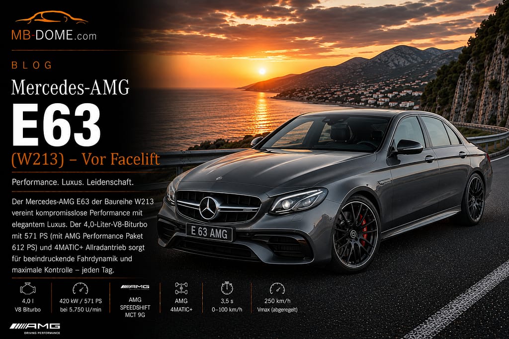 Selenitgraue Mercedes-AMG E 63 Limousine der Baureihe W213 in vorderer Dreiviertelansicht auf einer Küstenstraße bei Sonnenuntergang