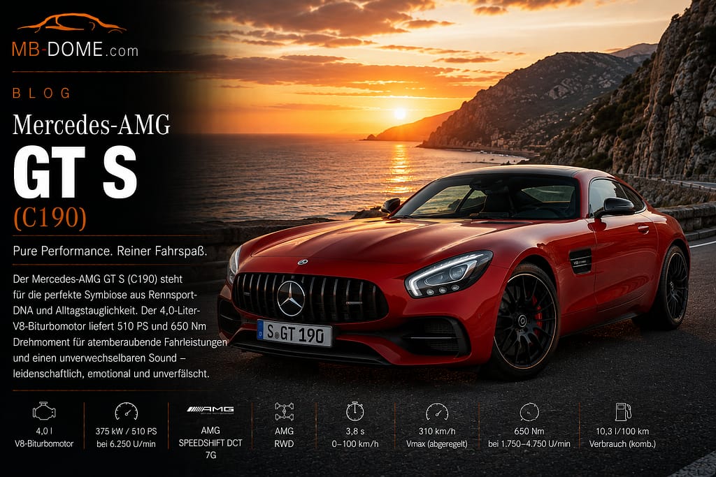 Roter Mercedes-AMG GT S der Baureihe C190 in vorderer Dreiviertelansicht auf einer Küstenstraße bei Sonnenuntergang