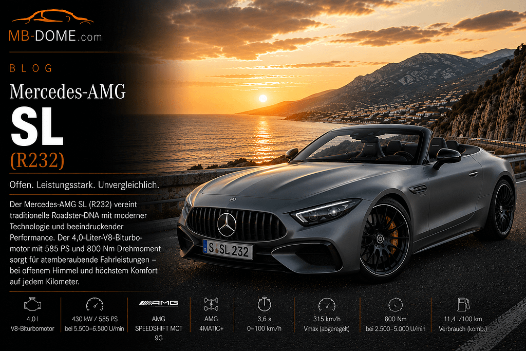 Grauer Mercedes-AMG SL der Baureihe R232 mit geöffnetem Verdeck auf einer Küstenstraße bei Sonnenuntergang