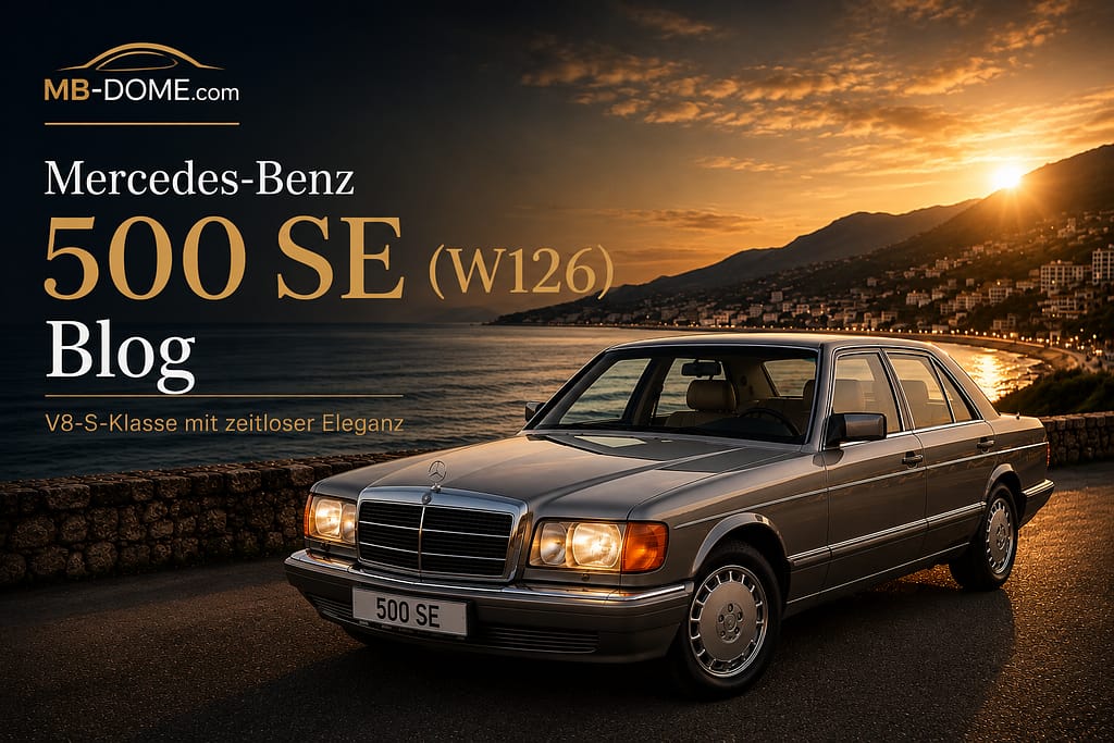 Grauer Mercedes-Benz 500 SE W126 in Front-Seitenansicht an einer Küste im warmen Sonnenuntergang