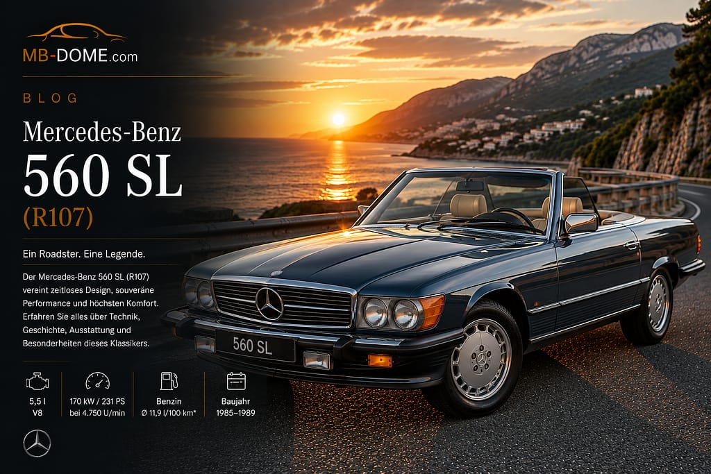 Dunkelblauer Mercedes-Benz 560 SL R107 mit offenem Verdeck auf einer Küstenstraße bei Sonnenuntergang