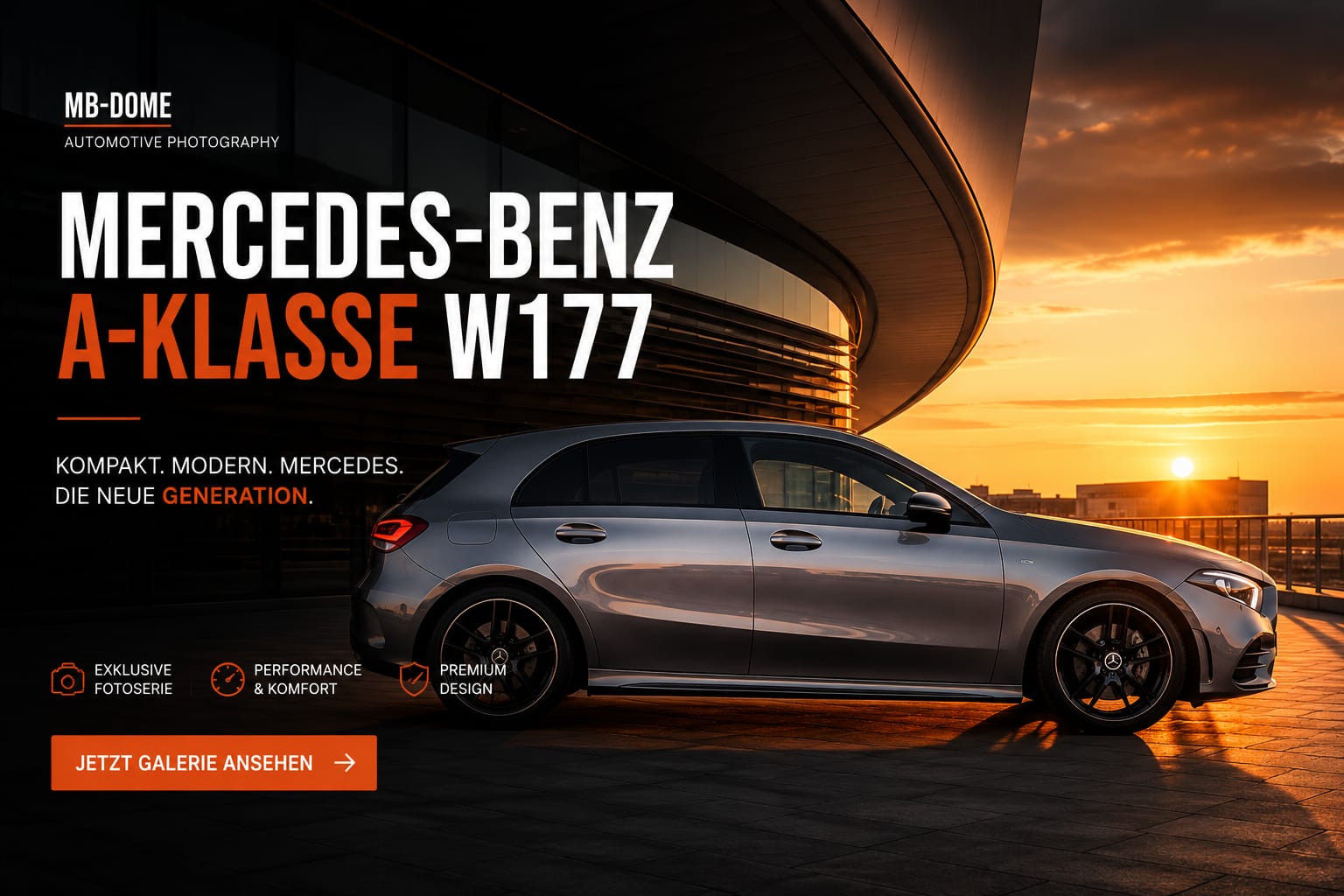 Mercedes-Benz A-Klasse W177 Seitenansicht vor moderner Architektur bei Sonnenuntergang