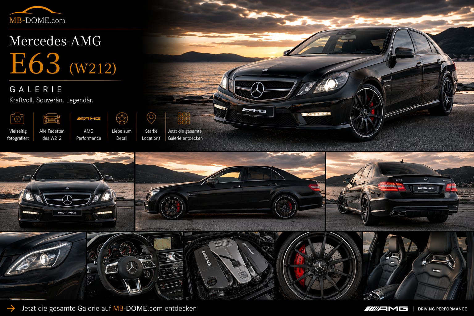 Schwarzer Mercedes-AMG E 63 (W212) als Galerie mit Außen-, Innenraum- und Detailansichten an einem Bergsee