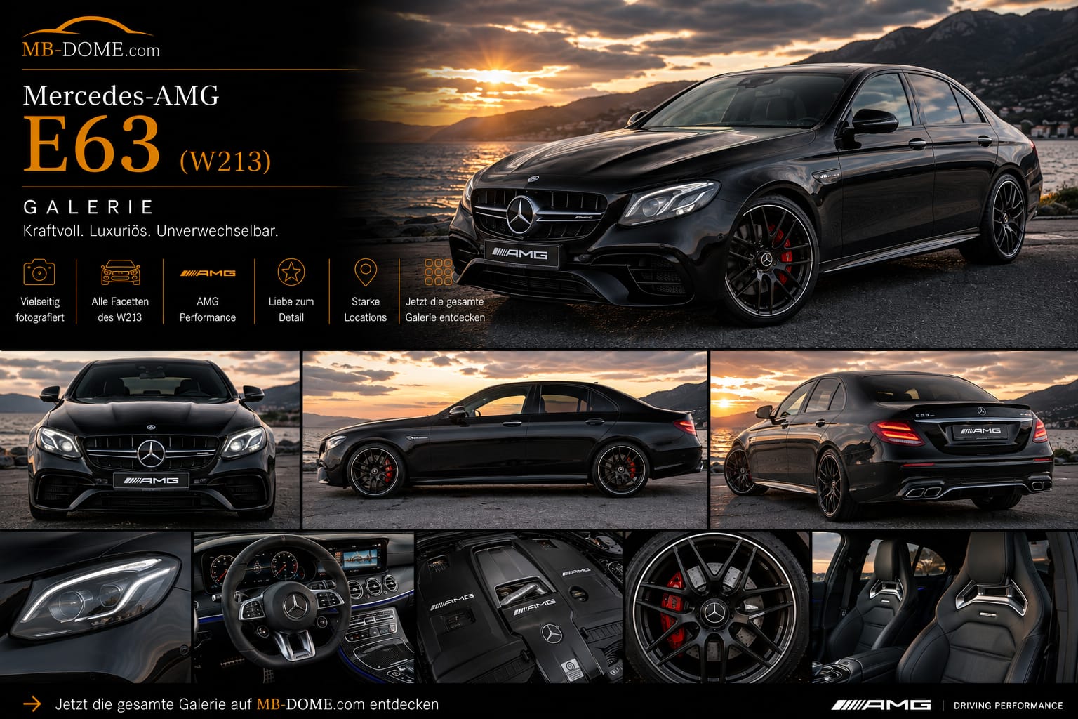 Schwarzer Mercedes-AMG E 63 (W213) als Galerie mit Außen-, Innenraum-, Motor- und Detailansichten am Bergsee