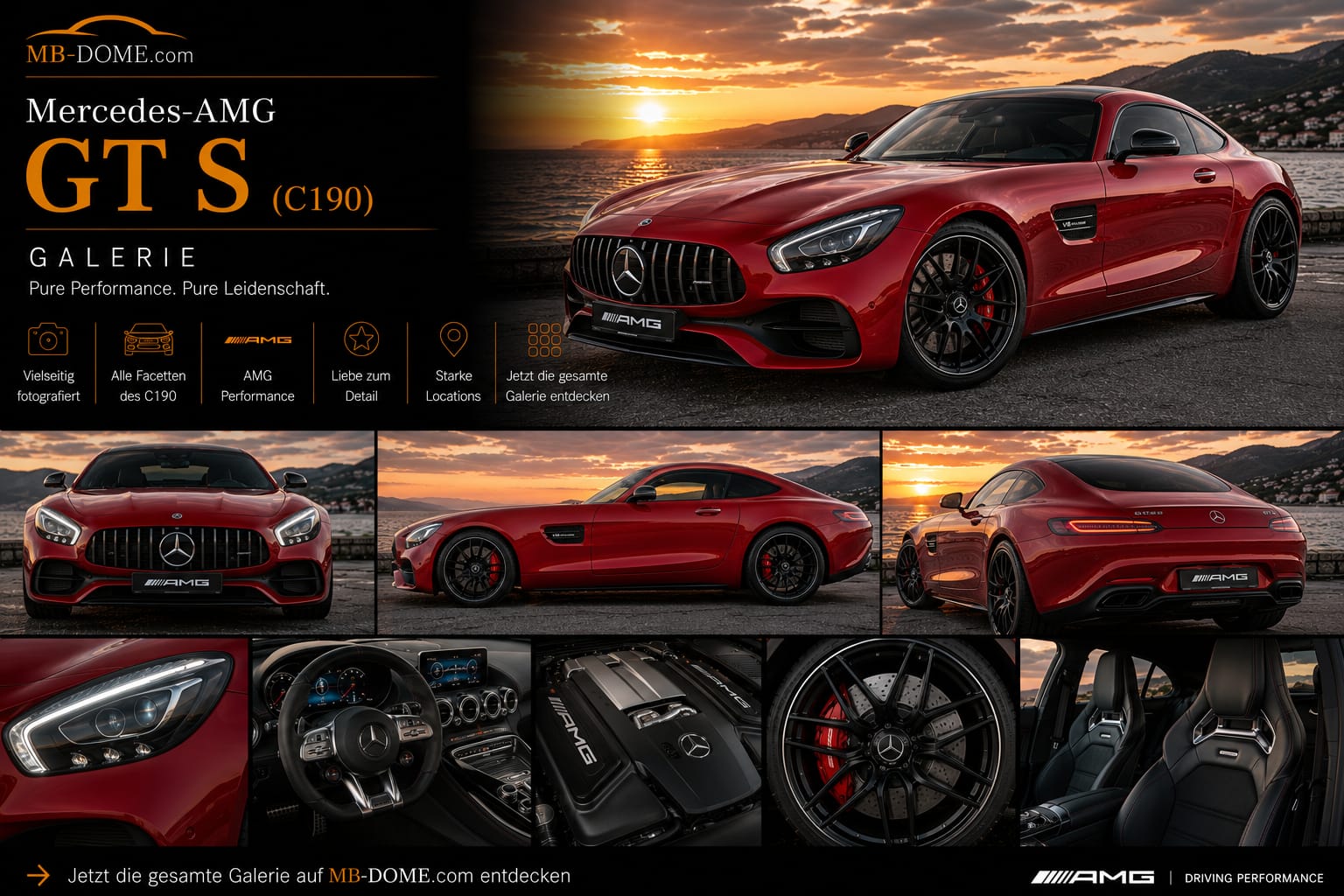 Roter Mercedes-AMG GT S (C190) als Collage mit Außen-, Innenraum-, Motor- und Detailansichten an der Küste