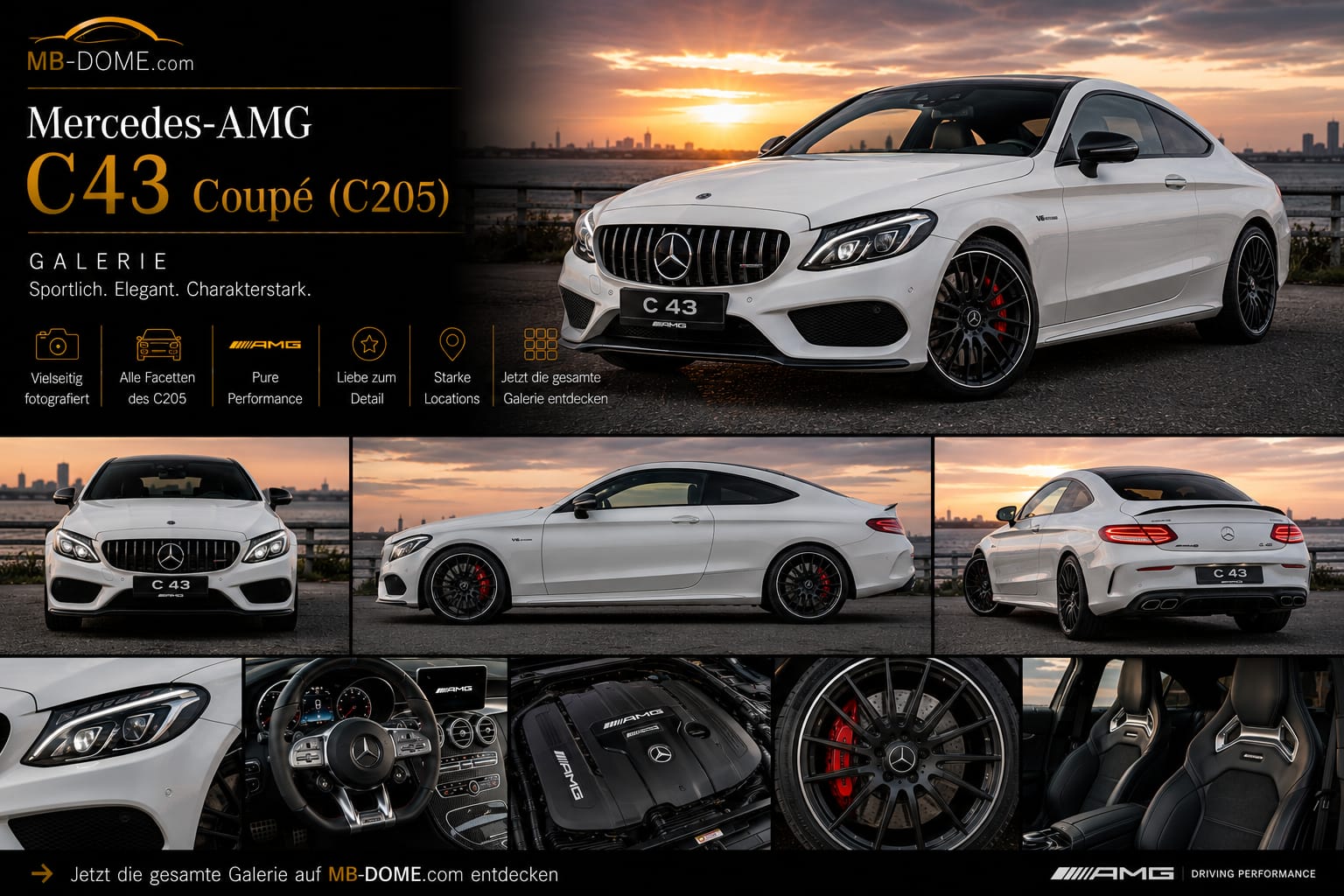 Weißes Mercedes-AMG C 43 Coupé (C205) als Galerie mit Außen-, Detail- und Innenansichten bei Sonnenuntergang