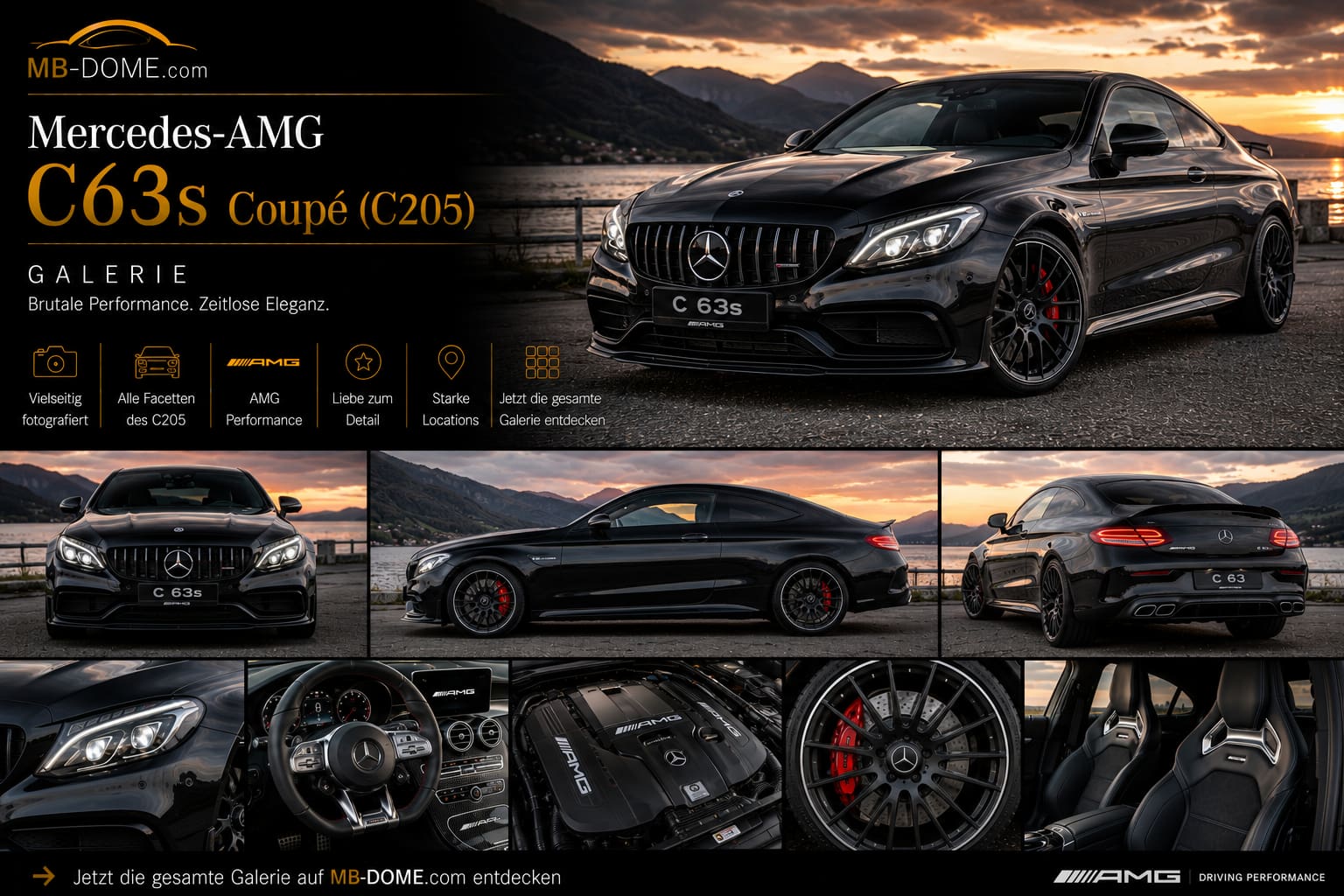 Schwarzes Mercedes-AMG C 63 S Coupé (C205) als Galerie mit Außen-, Innenraum- und Detailansichten am Bergsee
