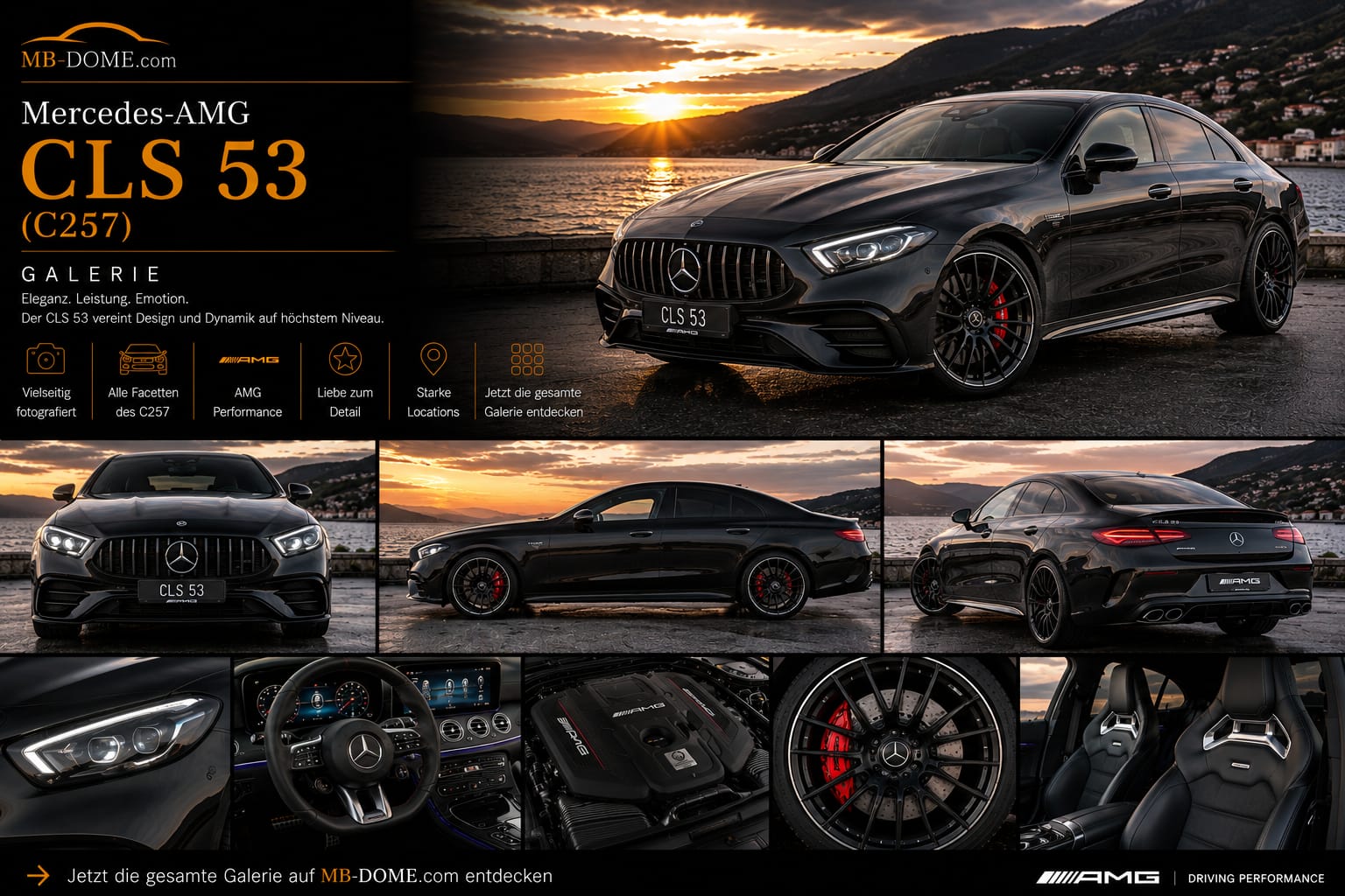 Schwarzer Mercedes-AMG CLS 53 (C257) als Collage mit Außen-, Innenraum-, Motor- und Detailansichten am Bergsee