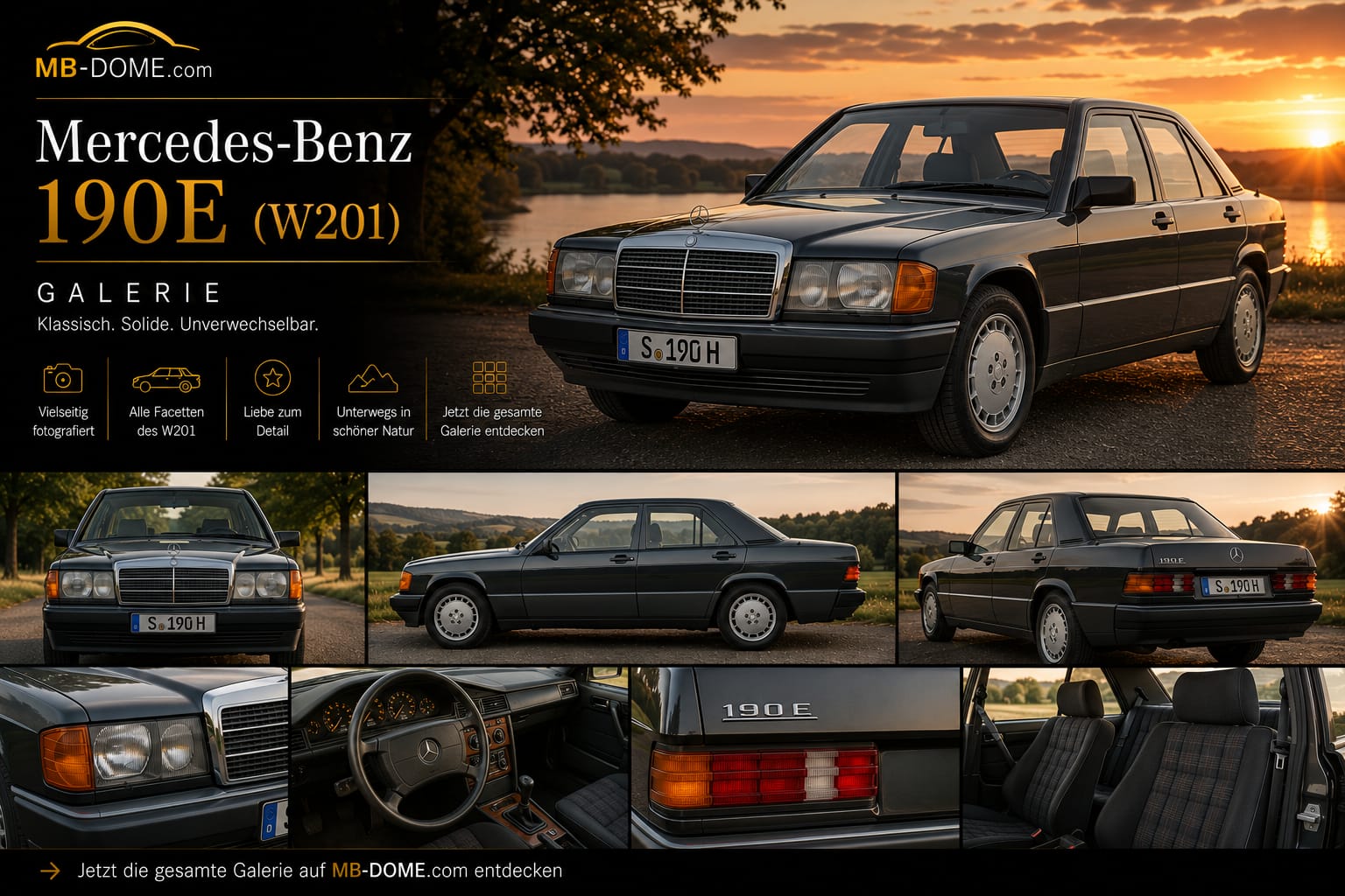Schwarzer Mercedes-Benz 190 E der Baureihe W201 als Galerie-Collage mit Außen-, Innenraum- und Detailansichten