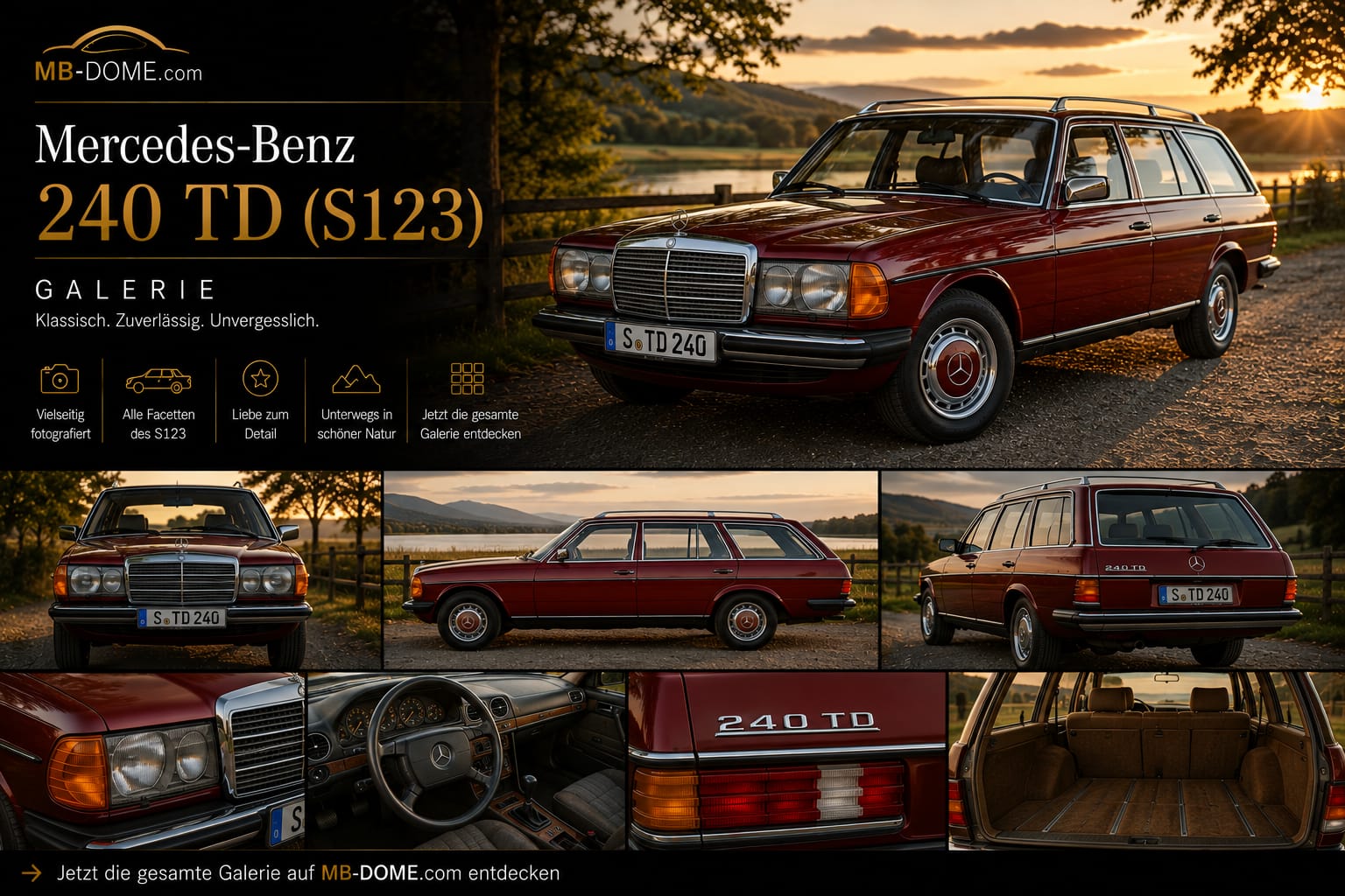Roter Mercedes-Benz 240 TD der Baureihe S123 als Galerie-Collage mit Außen-, Innenraum- und Kofferraumansichten