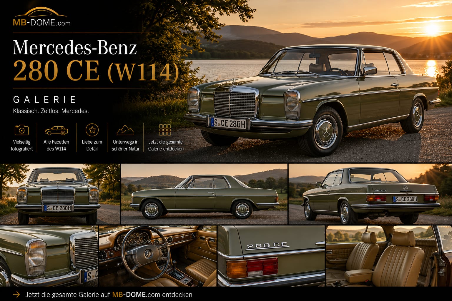 Grüner Mercedes-Benz 280 CE der Baureihe W114 als Galerie-Collage mit Außen-, Innenraum- und Detailansichten