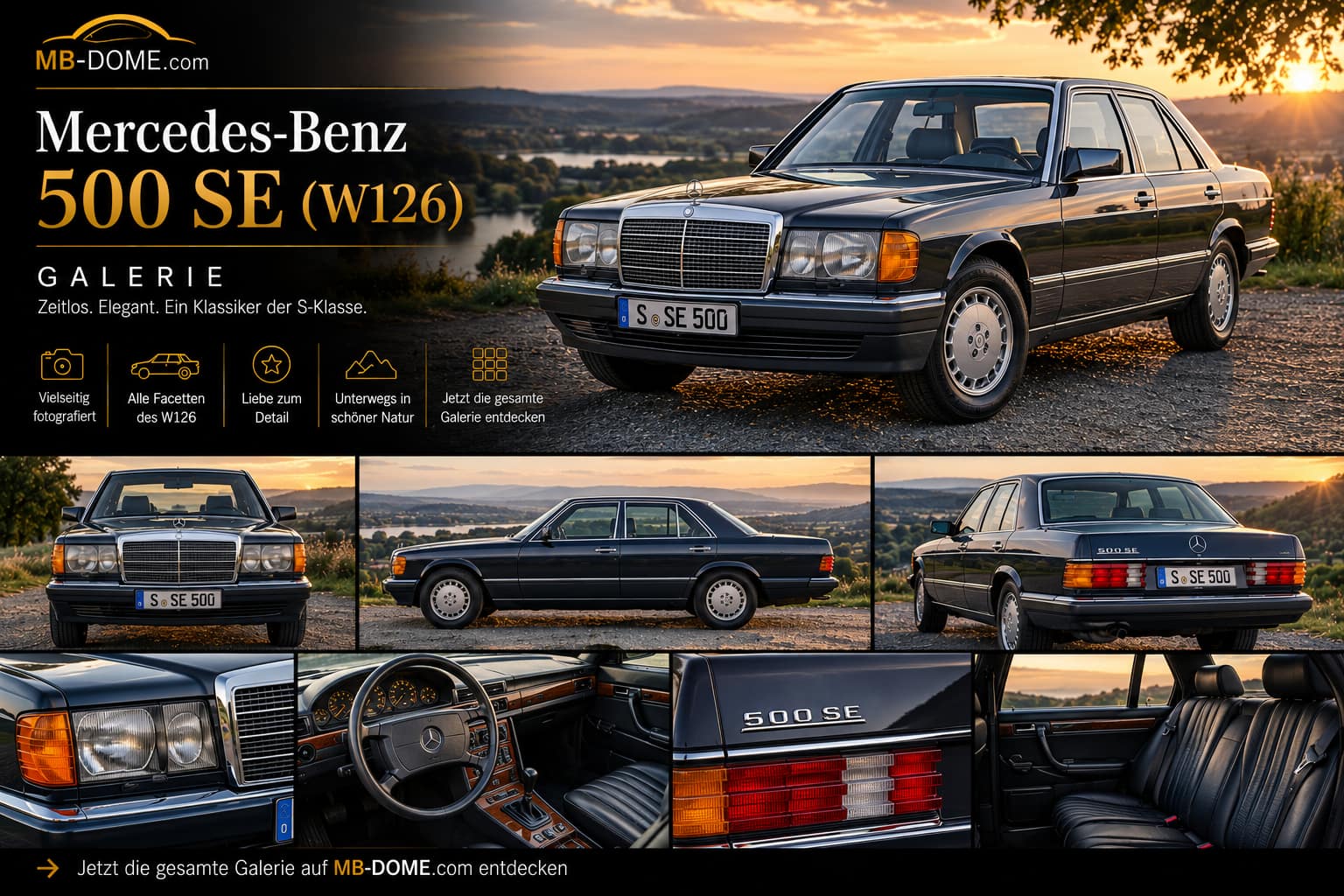Dunkelblauer Mercedes-Benz 500 SE der Baureihe W126 als Galerie-Collage mit Außen-, Innenraum- und Detailansichten