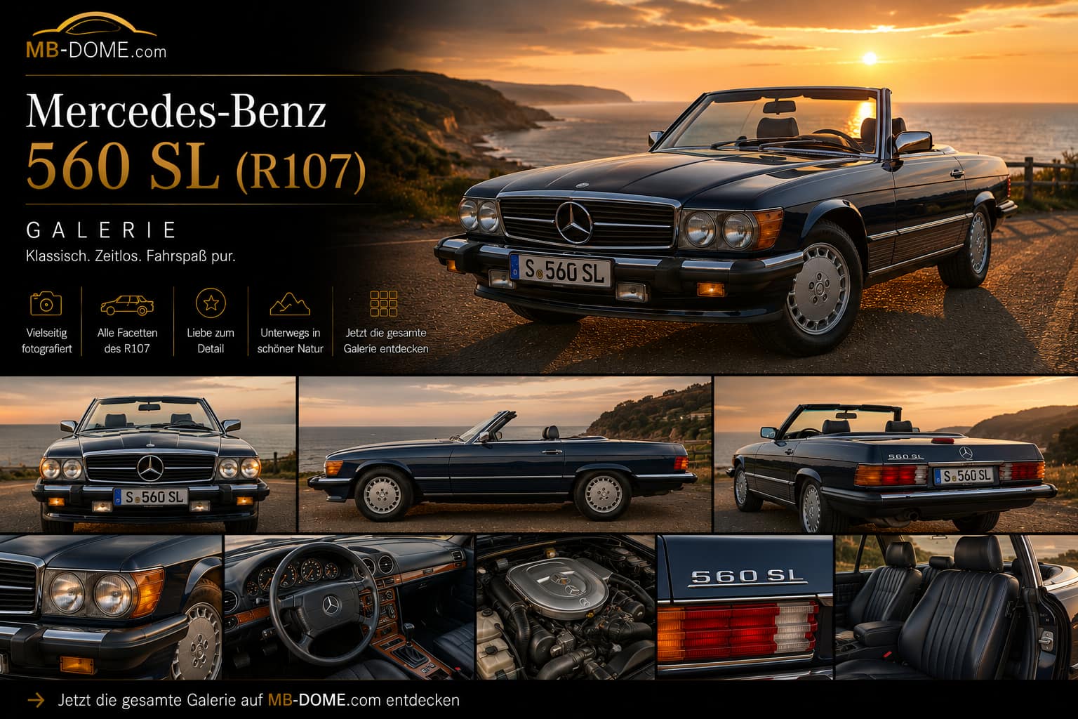 Blauer Mercedes-Benz 560 SL der Baureihe R107 als Galerie-Collage mit Außen-, Innenraum-, Motor- und Detailansichten