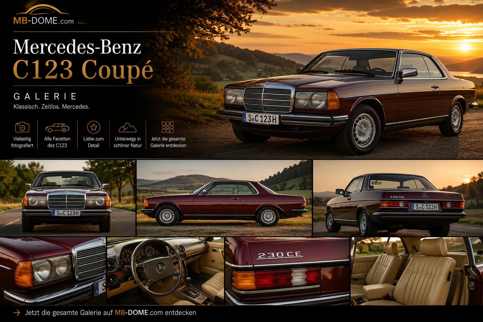 Rotes Mercedes-Benz 230 CE Coupé der Baureihe C123 als Galerie-Collage mit Außen-, Innenraum- und Detailansichten
