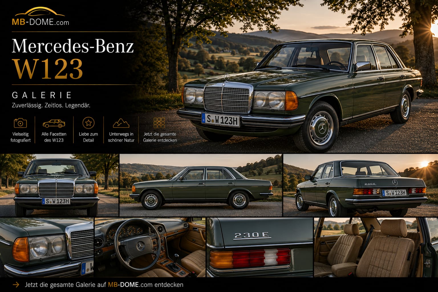 Grüner Mercedes-Benz 230 E der Baureihe W123 als Galerie-Collage mit Außen-, Innenraum- und Detailansichten