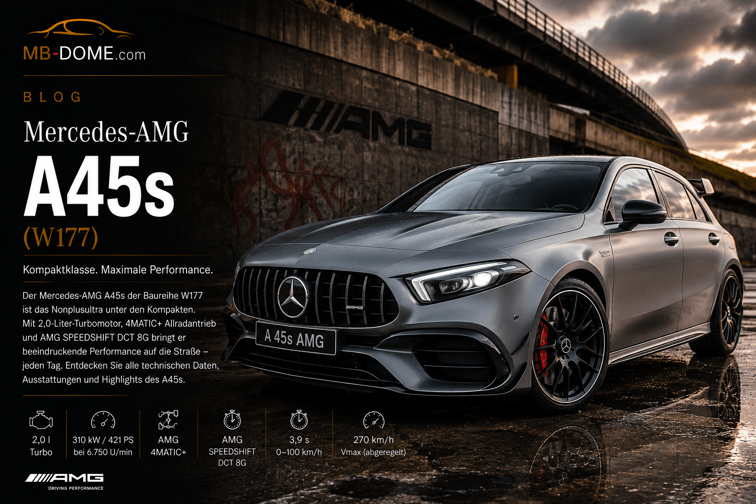 Grauer Mercedes-AMG A 45 S W177 in Front-Dreiviertelansicht auf nassem Asphalt unter einer Betonbrücke