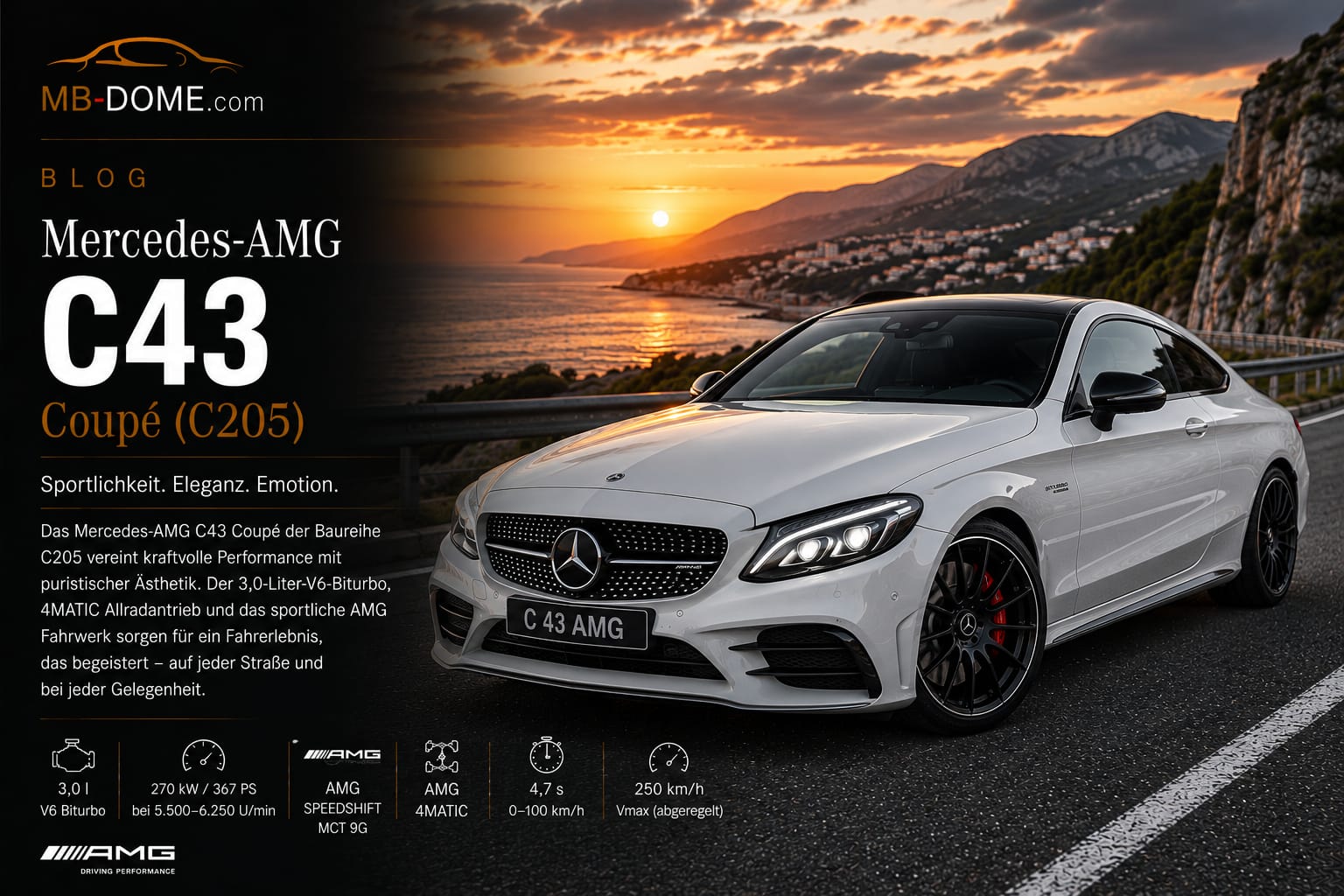 Weißes Mercedes-AMG C 43 Coupé der Baureihe C205 in vorderer Dreiviertelansicht auf einer Küstenstraße bei Sonnenuntergang