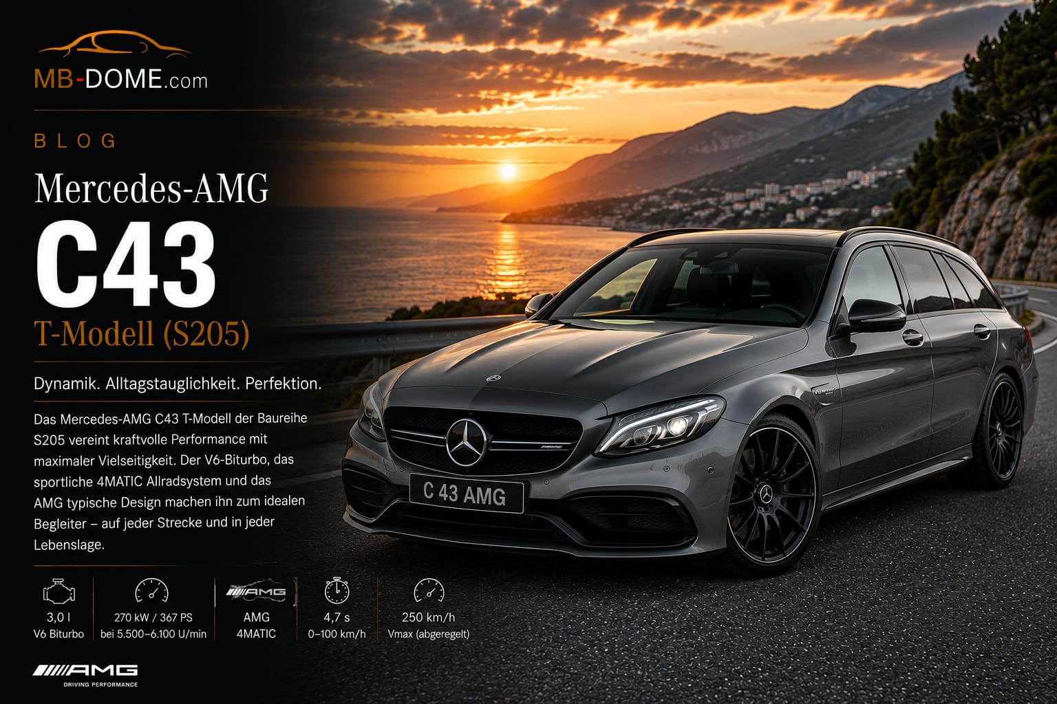 Graues Mercedes-AMG C 43 T-Modell S205 in Front-Dreiviertelansicht auf einer Küstenstraße bei Sonnenuntergang